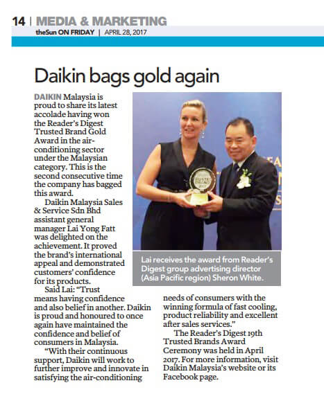 Reader Digest Trusted Brand – Gold Awards | Daikin Malaysia