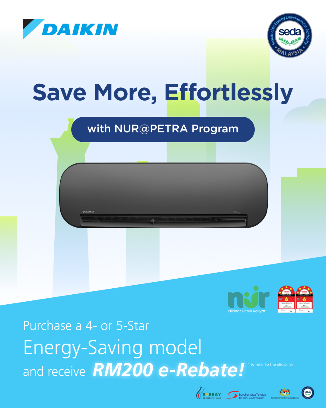RM200 Rebate on Daikin Inverter Air Conditioner with NUR@PETRA | Daikin Malaysia